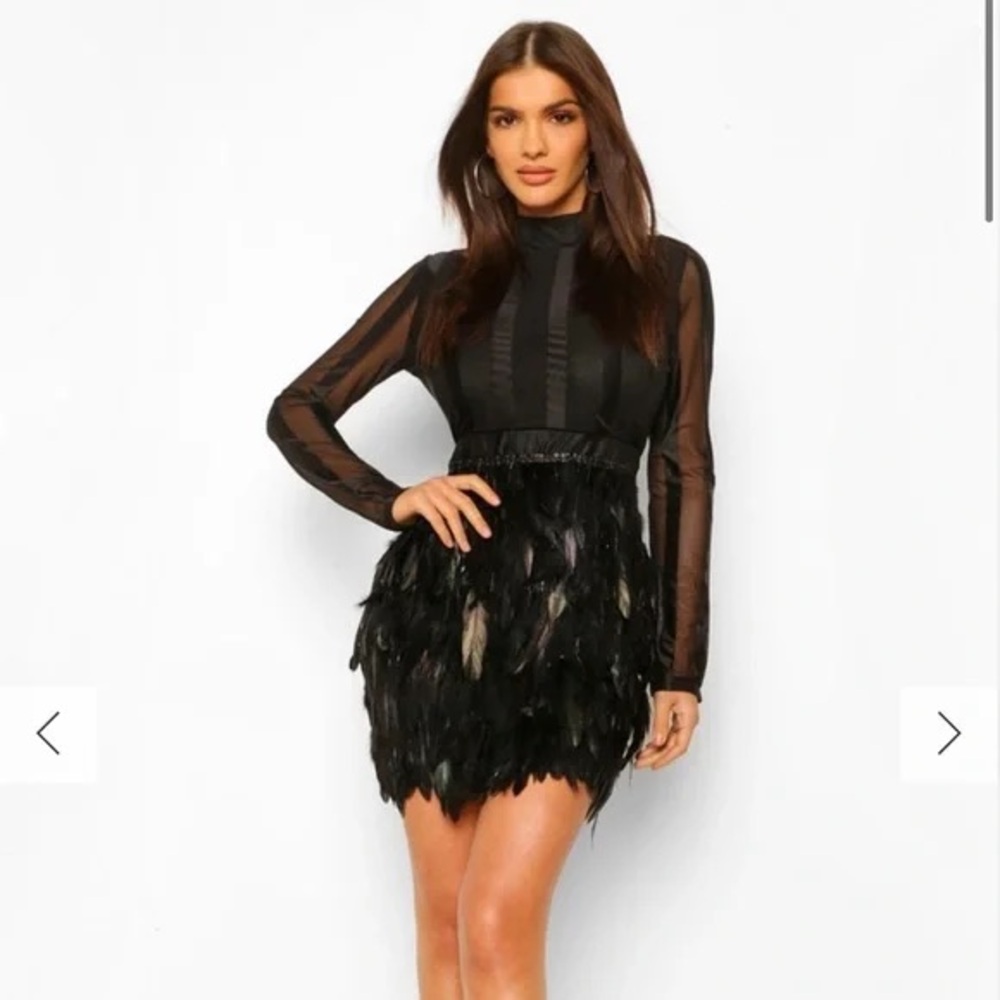 Black Feather-Trim Long Sleeve Mini Dress